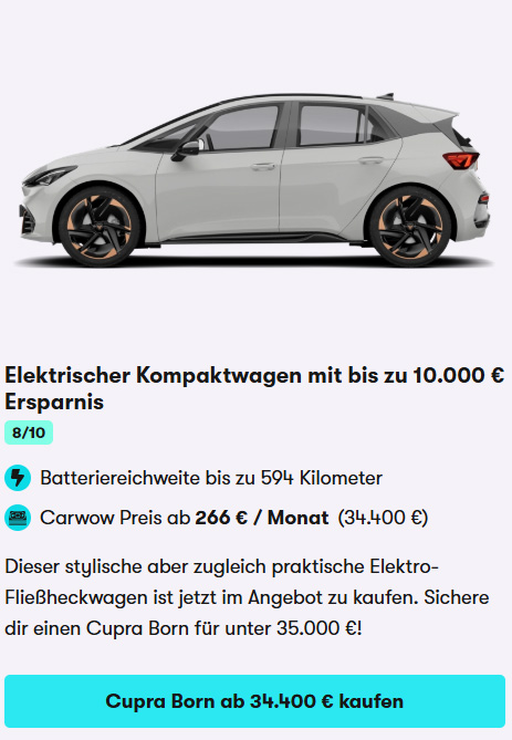 Cupra Born on Sale August 2025 Car Card