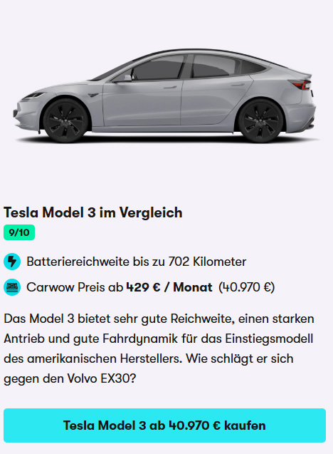 Tesla Model 3 im Vergleich Car Card